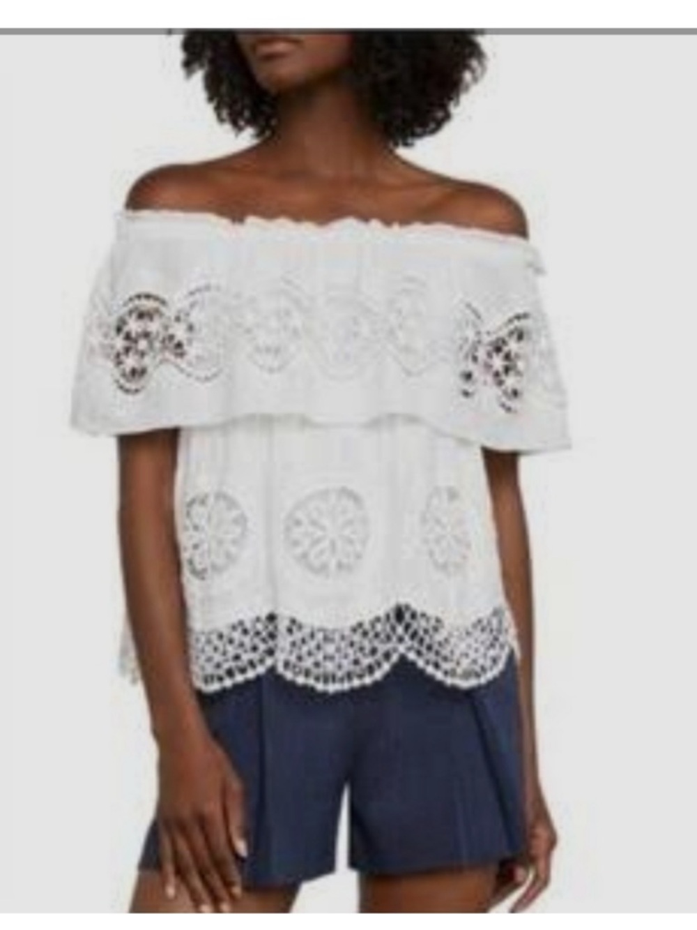 BCBGMaxAzria White Off-Shoulder Lace Eyelet Blouse
